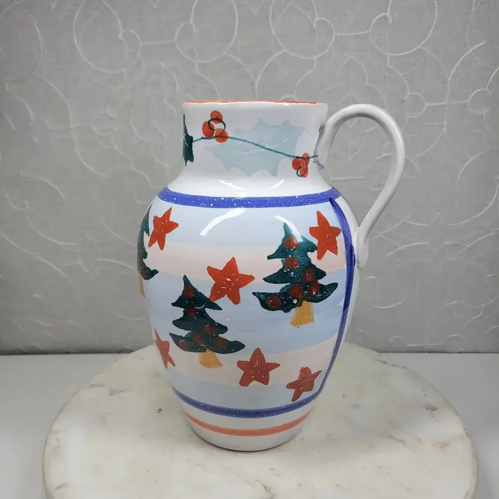 Pier 1 Italian Ceramic Pitcher Hand Painted Christmas Trees Floral Stars